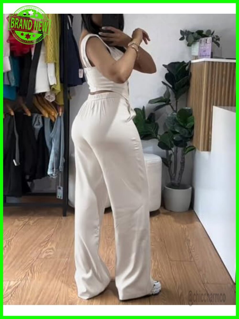 2 Piece Outfit: Button Front Tank Top with Wide Leg Pants Set - Picture 5 of 6